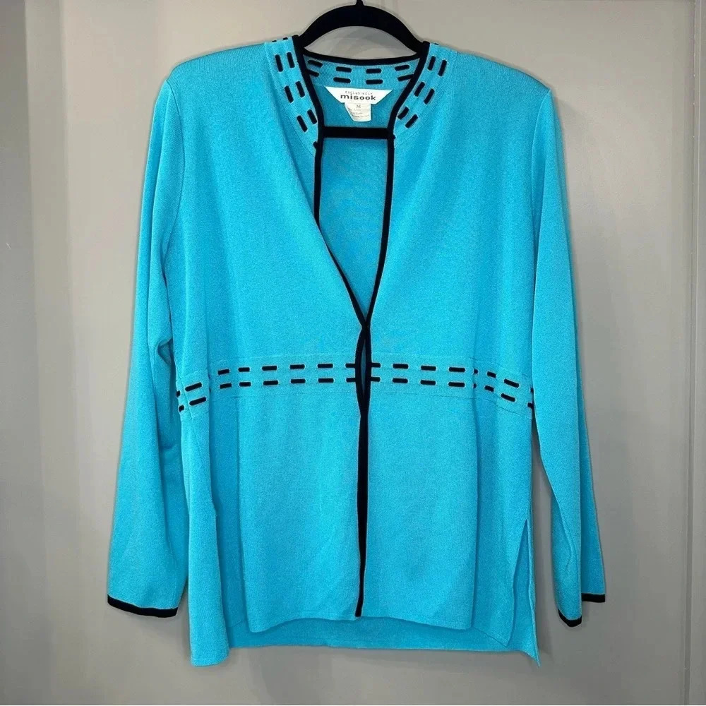 Misook Turquoise Blue Cardigan Black Trim Design Knit Cardigan Size M